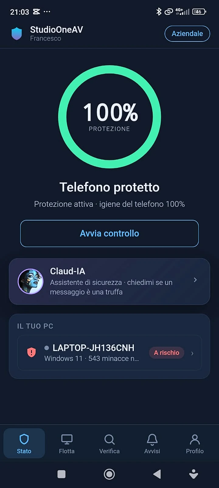App companion mobile di Studio One AV — protezione 100%, Claud-IA e stato del PC associato in tempo reale