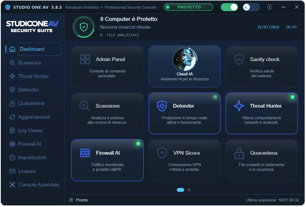 Studio One AV — dashboard con punteggio di igiene informatica, protezioni attive e stato dei motori