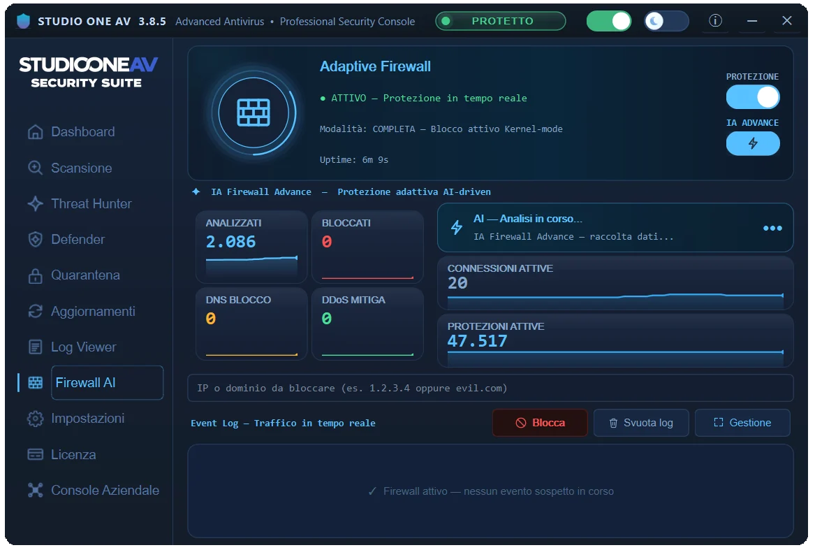 Firewall AI di Studio One AV — traffico di rete e connessioni bloccate in tempo reale